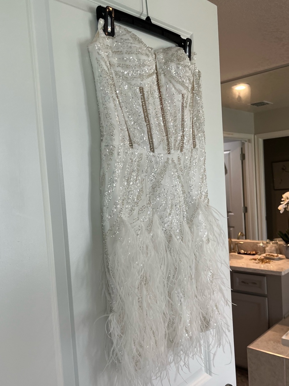 Strapless White Sequin & Feather Cocktail Dress